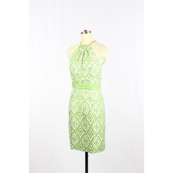 MILLY White Green Geometric Print Silk Twill Chain Halter Sheath Dress, Size 2 - Picture 4 of 14